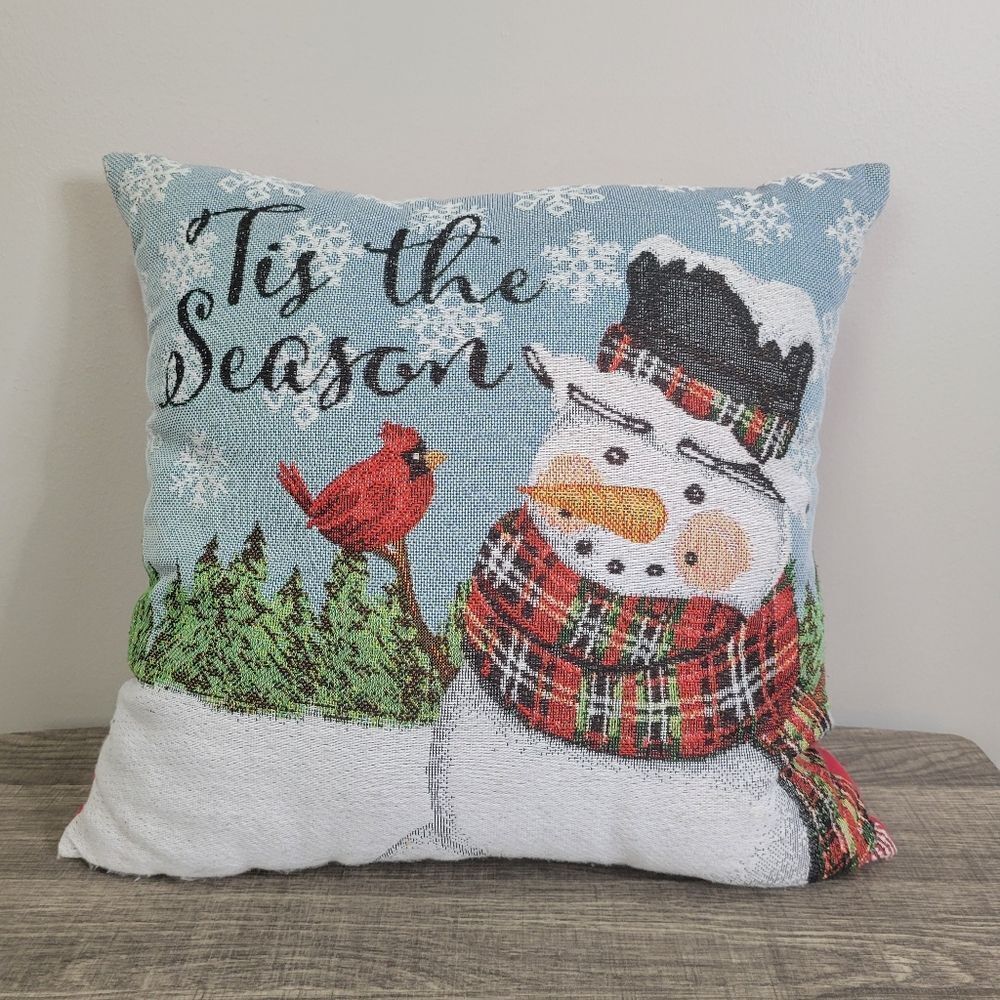 Snowman and Cardinal Tis‎ the Season Square Pillow